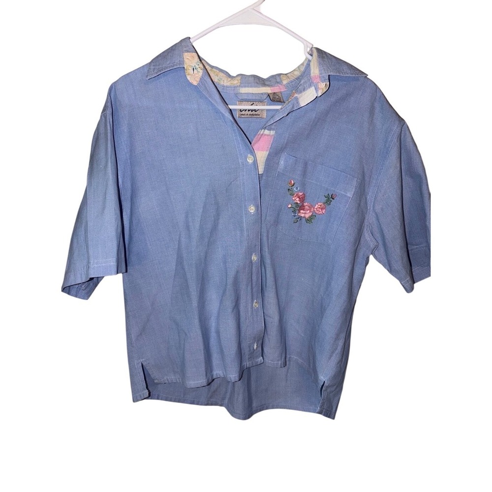 Chic‎ Vintage Blue Cotton Floral Embroidered Short Sleeve Button Down Shirt M